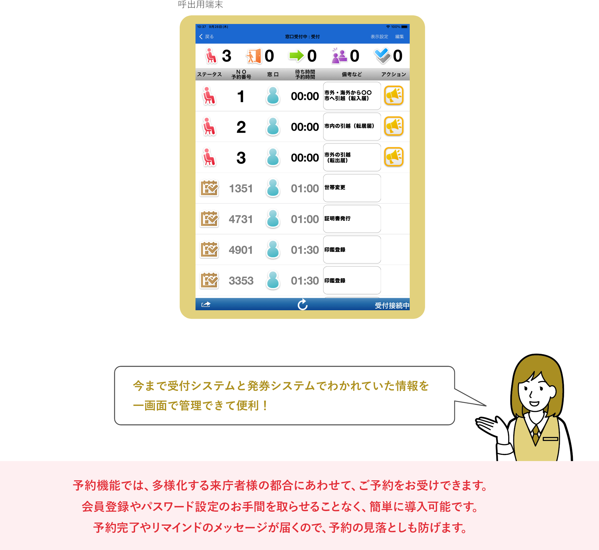 予約と直接来庁のお客様を一括管理