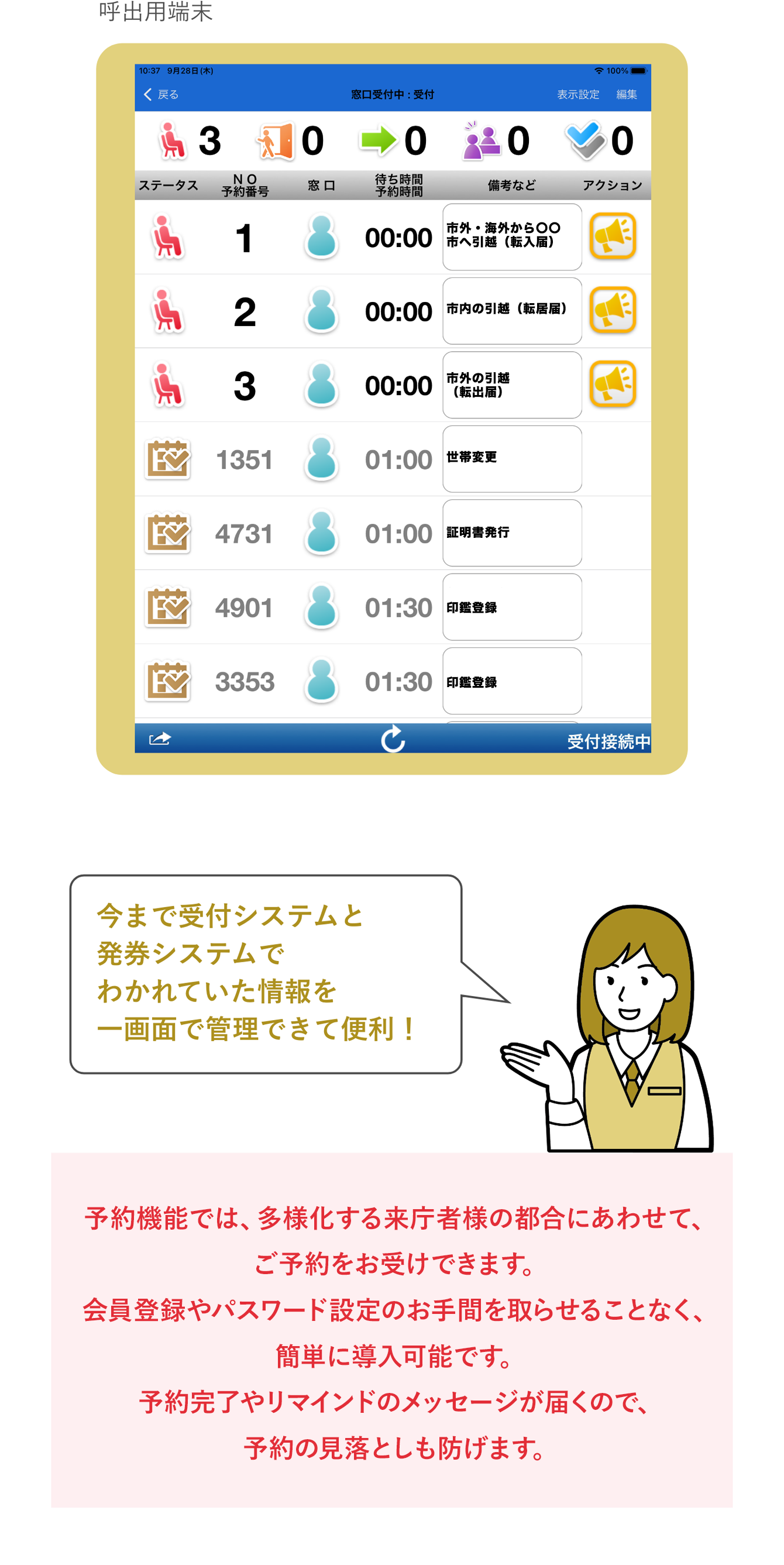 予約と直接来庁のお客様を一括管理